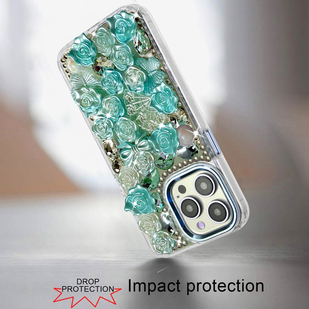 For Apple iPhone 15 Pro Max Muti-Color Floral Fashion Bling Crystal 3D Full Diamonds Stones Sparkle Rhinestone Glitter Hybrid Case Cover
