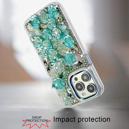 For Apple iPhone 15 Pro Max Muti-Color Floral Fashion Bling Crystal 3D Full Diamonds Stones Sparkle Rhinestone Glitter Hybrid Case Cover