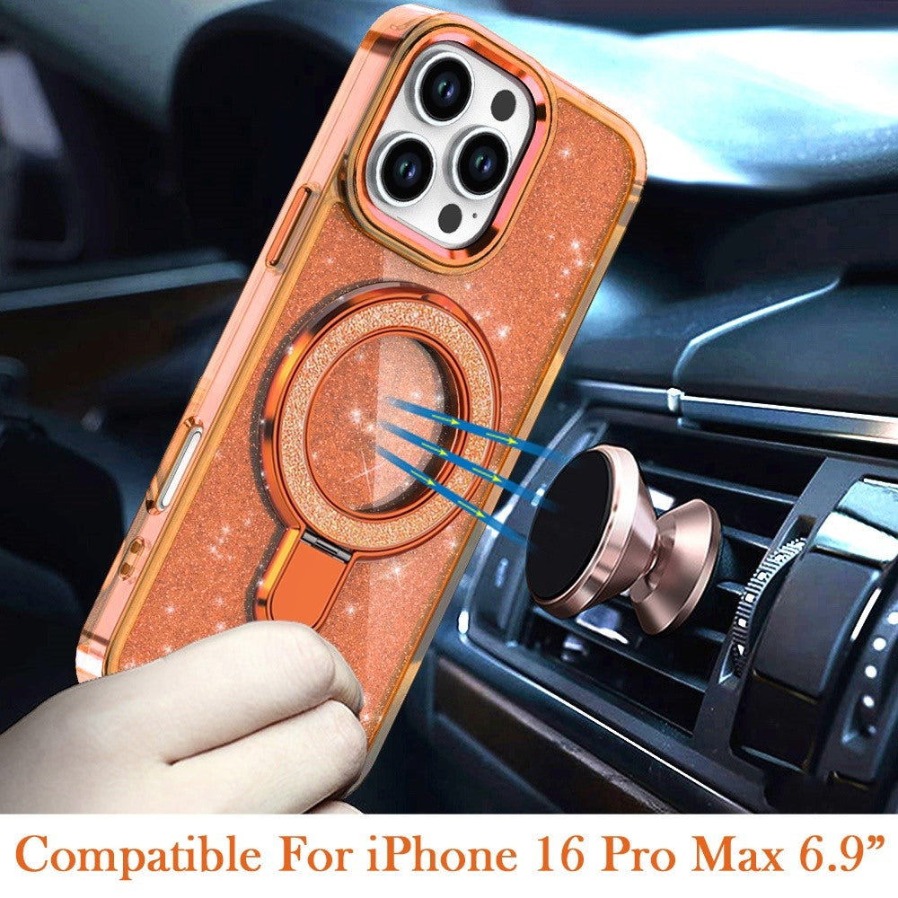 For iPhone 16 Pro Max (6.9") Transparent Glitter Bling Case with Rotating Magnetic Ring Stand, Shockproof Hybrid Protector Cosmic Orange