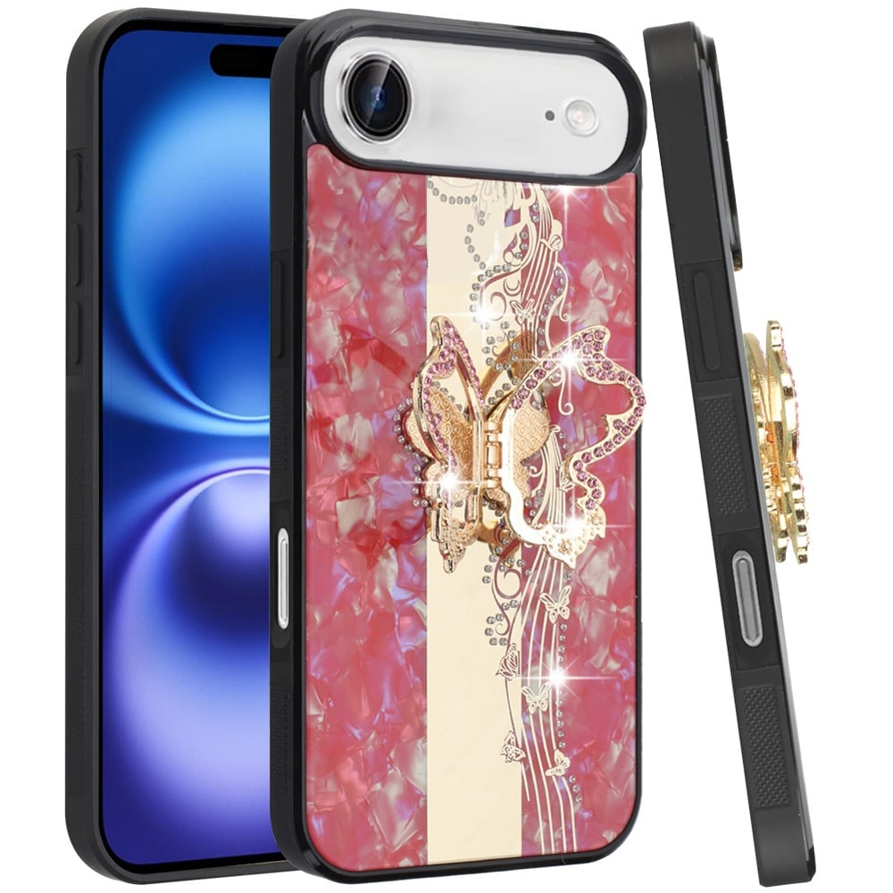 For Apple iPhone 17 Air (6.6") Diamonds 3D Fashion Bling Sparkly Glitter Ornaments Engraving Hybrid with Ring Stand Case Cover