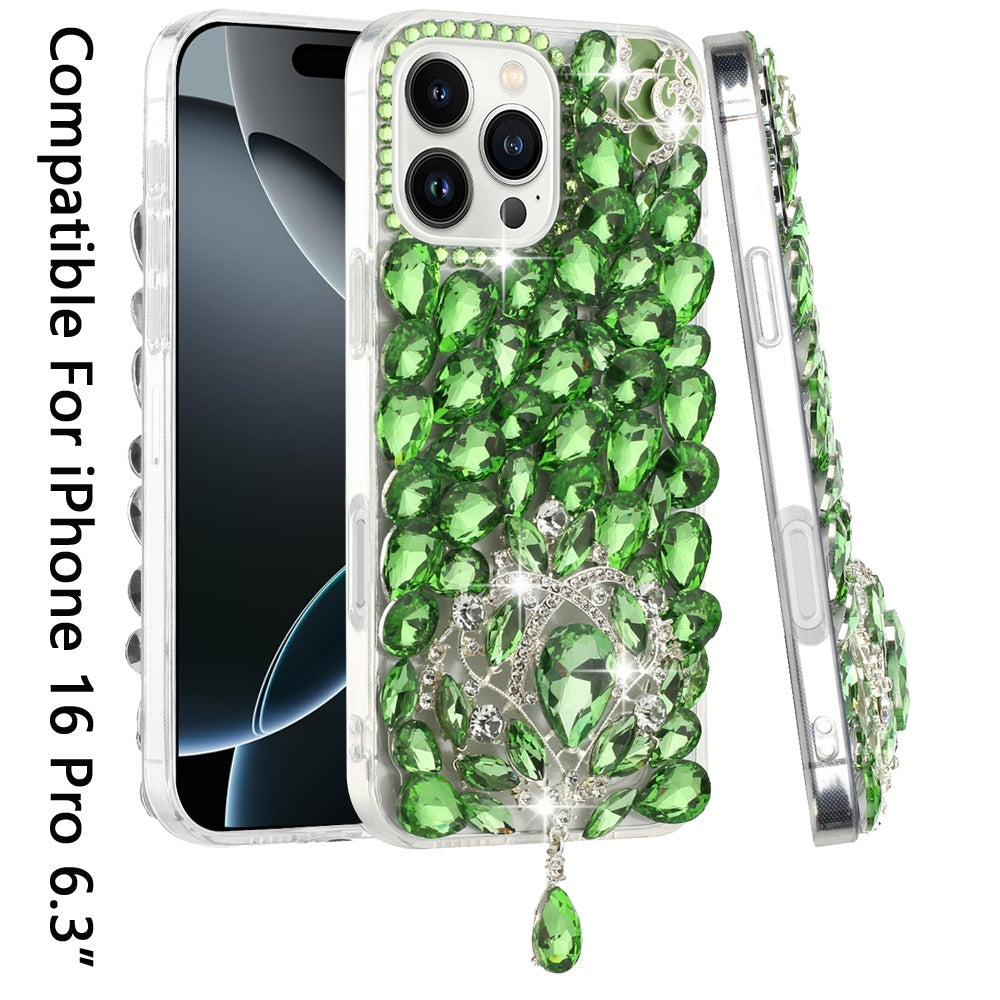 For Apple iPhone 16 Pro (6.3") Bling Crystal 3D Full Diamonds Jewelry Luxury Sparkle Rhinestone Glitter Hybrid Protective Case Cover