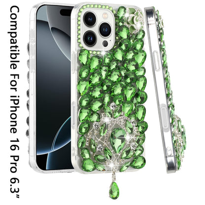 For Apple iPhone 16 Pro (6.3") Bling Crystal 3D Full Diamonds Jewelry Luxury Sparkle Rhinestone Glitter Hybrid Protective Case Cover