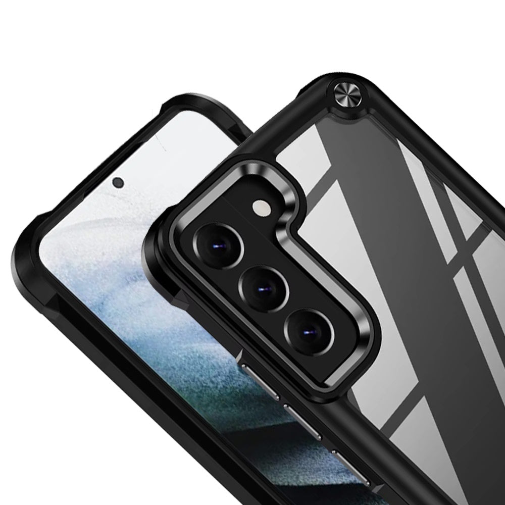 For Samsung Galaxy S21+ Plus Hybrid Transparent Rubber with Metal Buttons & Camera Edges Hard TPU Corner Frame Bumper Case Cover Black