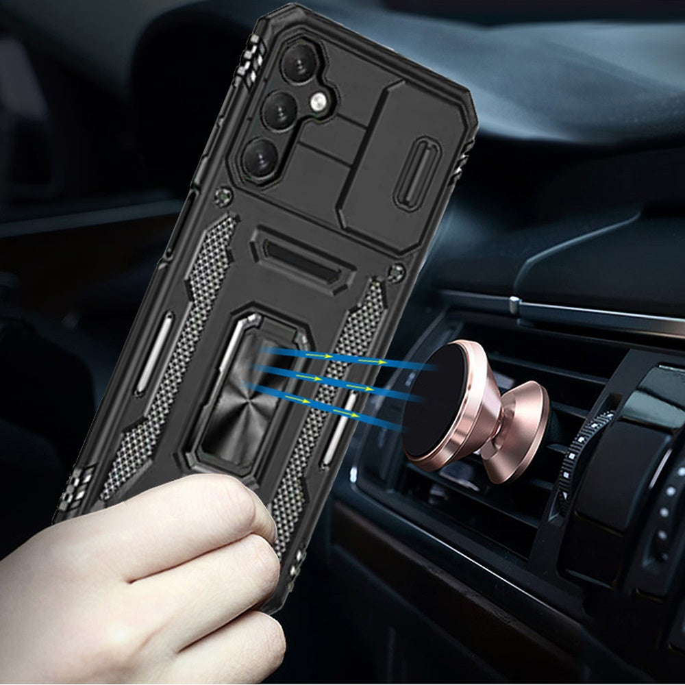 For Samsung Galaxy A32 5G Tough Hybrid Case with Movable Camera Window & Metal Ring Stand Shockproof Case Cover Black