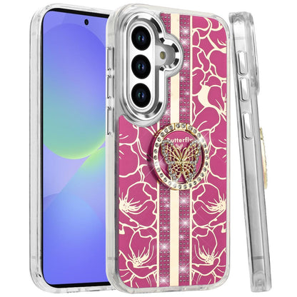 For Samsung Galaxy A36 Diamonds 3D Butterfly Floral Design Bling Sparkly Glitter Hybrid Metal Fashion with Ring Stand Case Cover