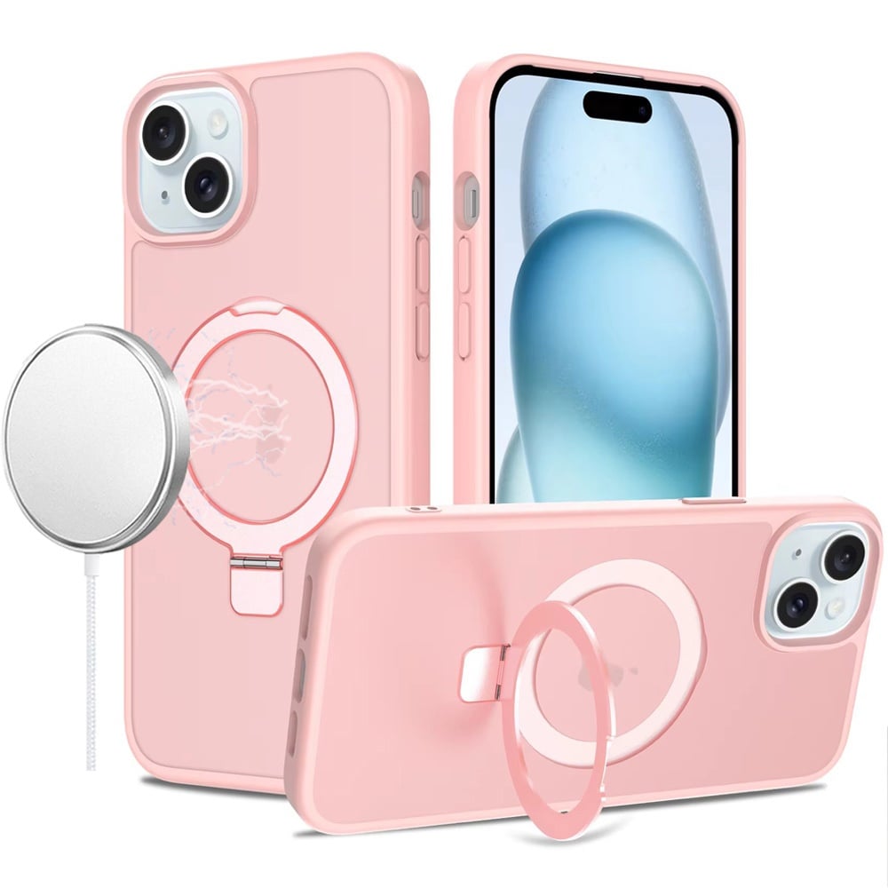 For iPhone 15 Plus (6.7") Magnetic Circle Back with Ring Stand Full Rotation Matte Hybrid Shockproof Case Cover Dark Purple