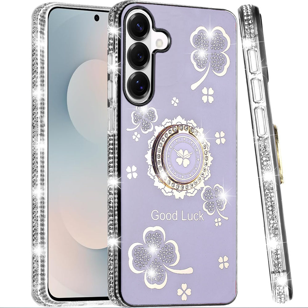 For Samsung Galaxy S25 FE, S25 Fan Edition Diamonds Bling All Around Edges Sparkly Glitter Hybrid with Ring Stand Holder Fashion Good Luck Case Cover