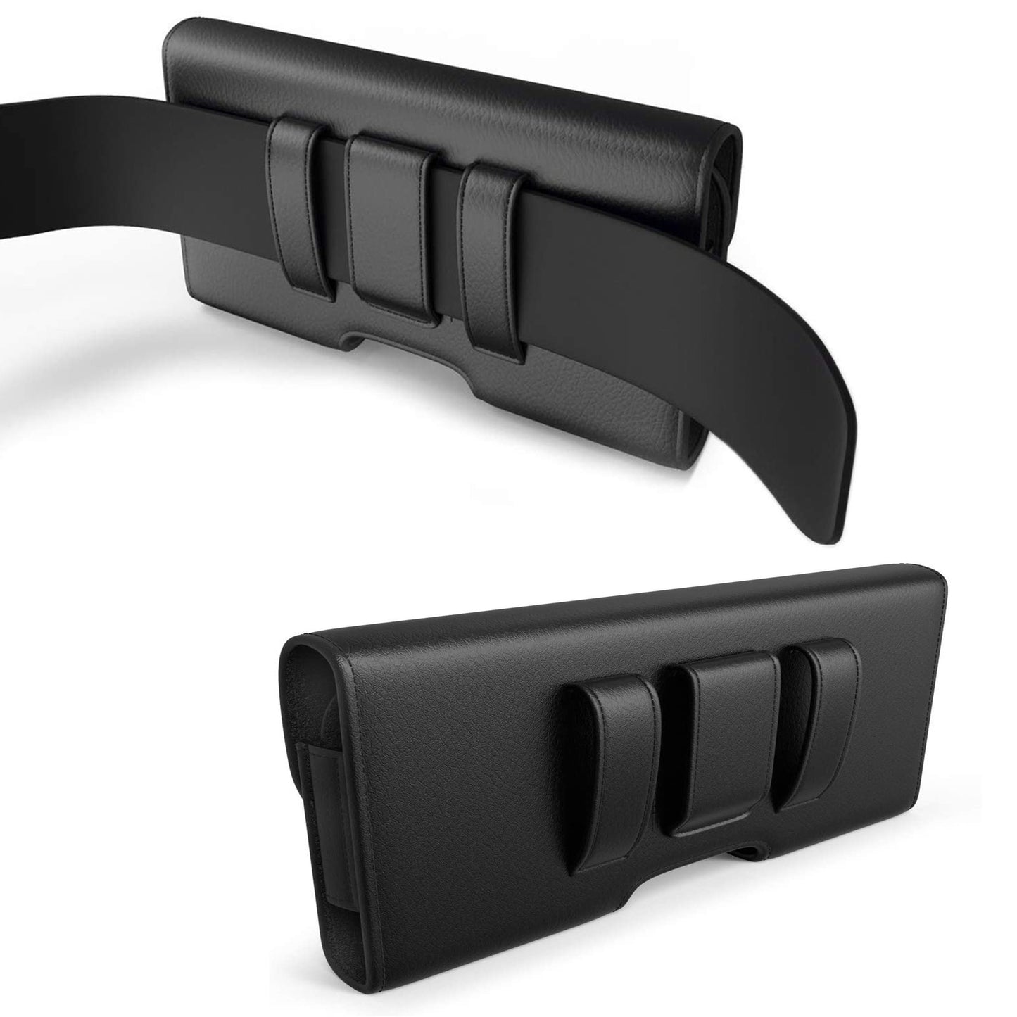 For Apple iPhone 16 Plus (6.7") Universal Leather Belt Holster Horizontal Pouch Phone Holder with Belt Loop / Clip Waistband (X-Large) Cover [Black]