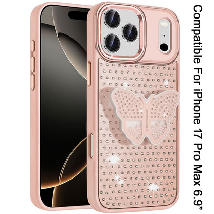 For Apple iPhone 17 Pro Max (6.9") Butterfly Moveable Grip 3D Pop Stand Full Diamond Bling Sparkling TPU Fashion Hybrid Case Cover