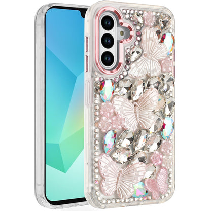 For Samsung Galaxy A16 3D Diamond Floral Butterfly Bling Stone Hybrid, Sparkly Rhinestone Gemstone Back Shockproof Case Cover