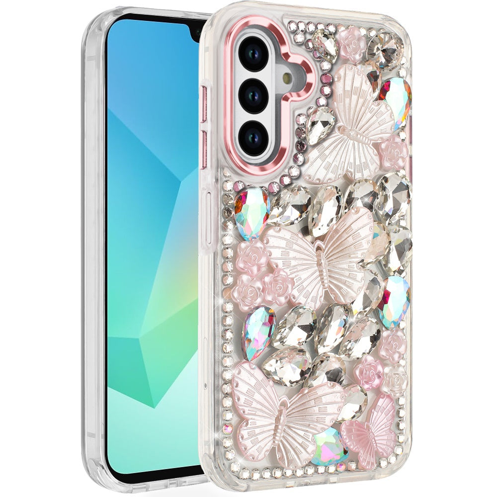 For Samsung Galaxy S23 3D Diamond Floral Butterfly Bling Stone Hybrid, Sparkly Rhinestone Gemstone Back Shockproof Case Cover