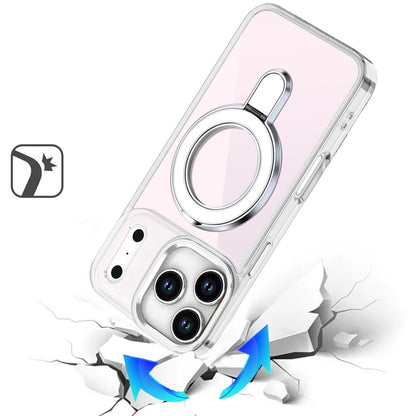 For Apple iPhone 17 Pro Chrome Hybrid with Rotating Magnetic Circle Ring Stand, Slim Shockproof Hybrid Case Cover