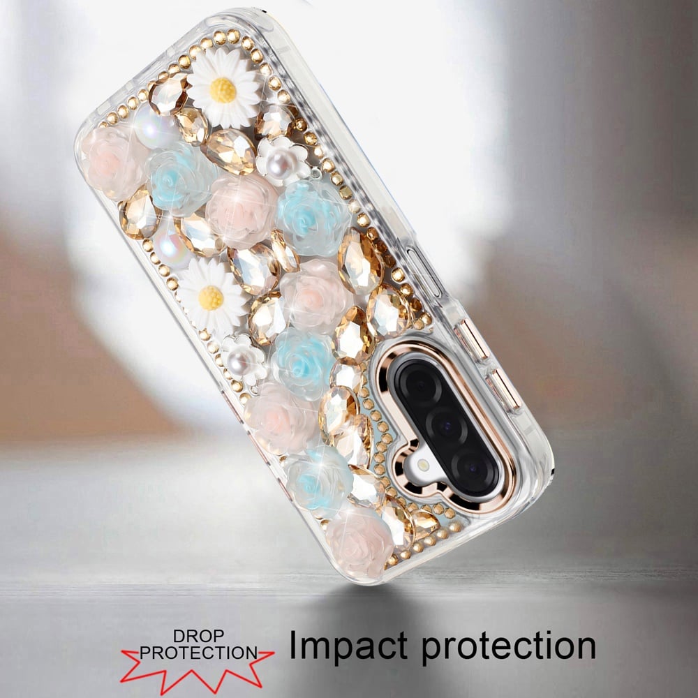 For Samsung Galaxy A16 5G Fashion Daisy Floral Series, Full 3D Bling Crystal Diamonds Sparkling Rhinestone Glitter Hybrid Design Case Cover Gold
