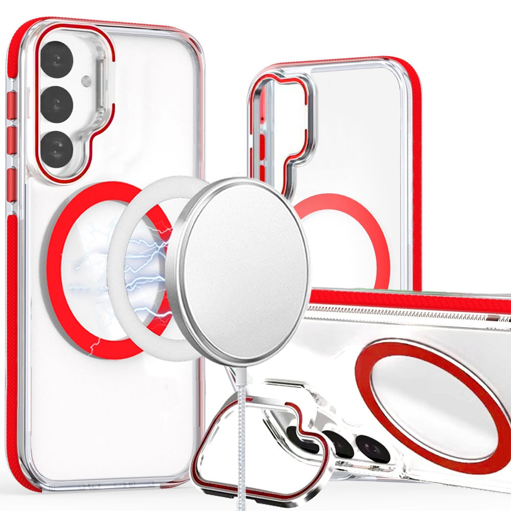 For Samsung Galaxy S25 FE /S25 Fan Edition Hybrid Clear Back Case with Invisible Camera Bracket Stand, MagSafe Magnetic Circle, Shockproof Color Frame Case Cover