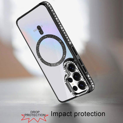 Phone Case for Samsung Galaxy S25 Ultra Luxury Diamond Bling Edged Magnetic Glitter Shockproof Hybrid with Camera Kickstand Durable Grip Cover