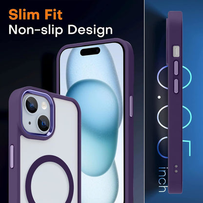 For Apple iPhone 15 Pro (6.1") Magnetic Compatible with Magsafe Wireless Charger PC + TPU Hybrid Slim Transparent Purple Phone Case Cover
