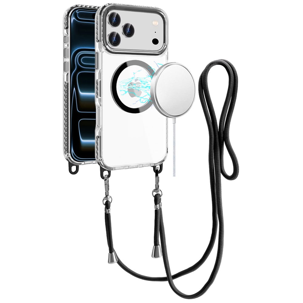 For Apple iPhone 17 Pro (6.3") Clear Magnetic Frame PC Back Shockproof Protective Case with Detachable Lanyard Strap, Compatible with MagSafe Case Cover Black