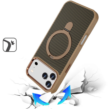 For Apple iPhone 17 Pro Max (6.9") Hybrid Carbon Fiber Design with MagSafe Compatible [Magnetic Circle], Ring Stand Shockproof Slim TPU Case Cover Black