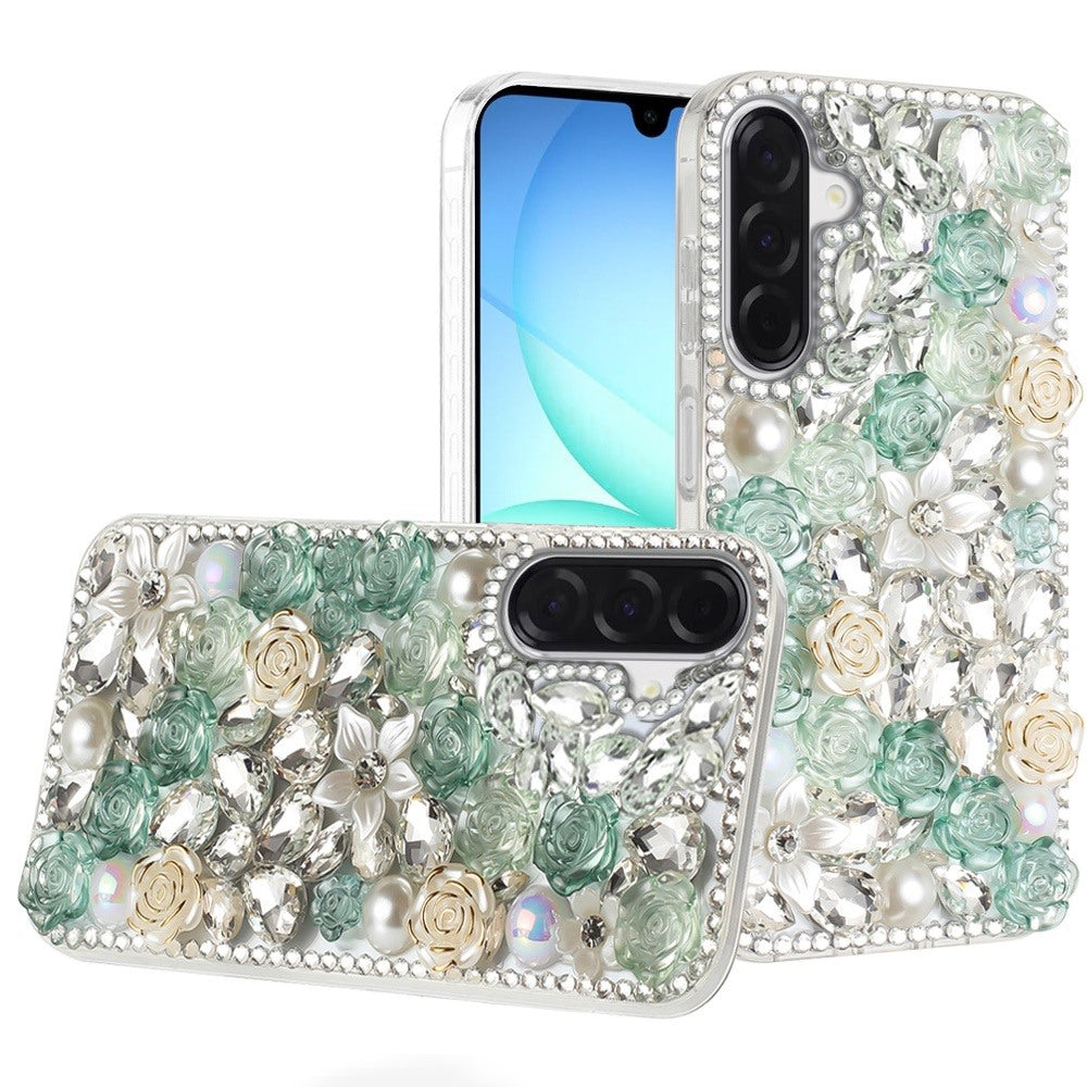 For Samsung Galaxy S25 Fan Edition /Galaxy S25 FE Fashion Rose Flower Floral Bling Crystal 3D Full Diamonds Pearl Sparkle Rhinestone Glitter Hybrid Case Cover
