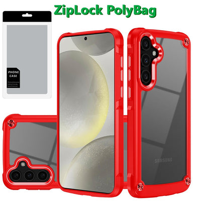 For Samsung Galaxy S25 /S24 Hybrid Transparent Rubber with Metal Buttons & Camera Edges Hard TPU Corner Frame Bumper Case Cover Red