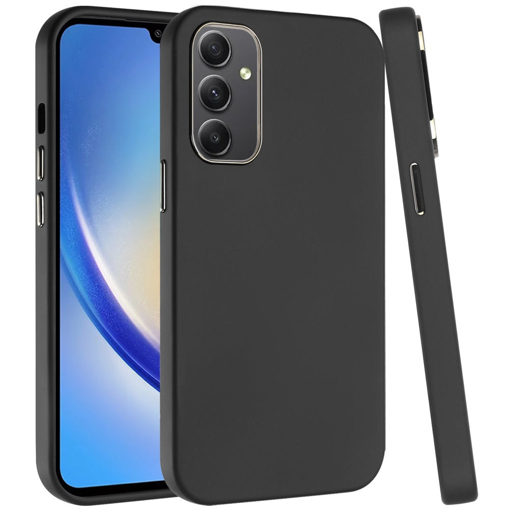 For Samsung Galaxy A15 5G Slim Classic Hybrid Around Rubber Gummy Gel Slick Hard PC Silicone TPU Chromed Button Case Cover Black