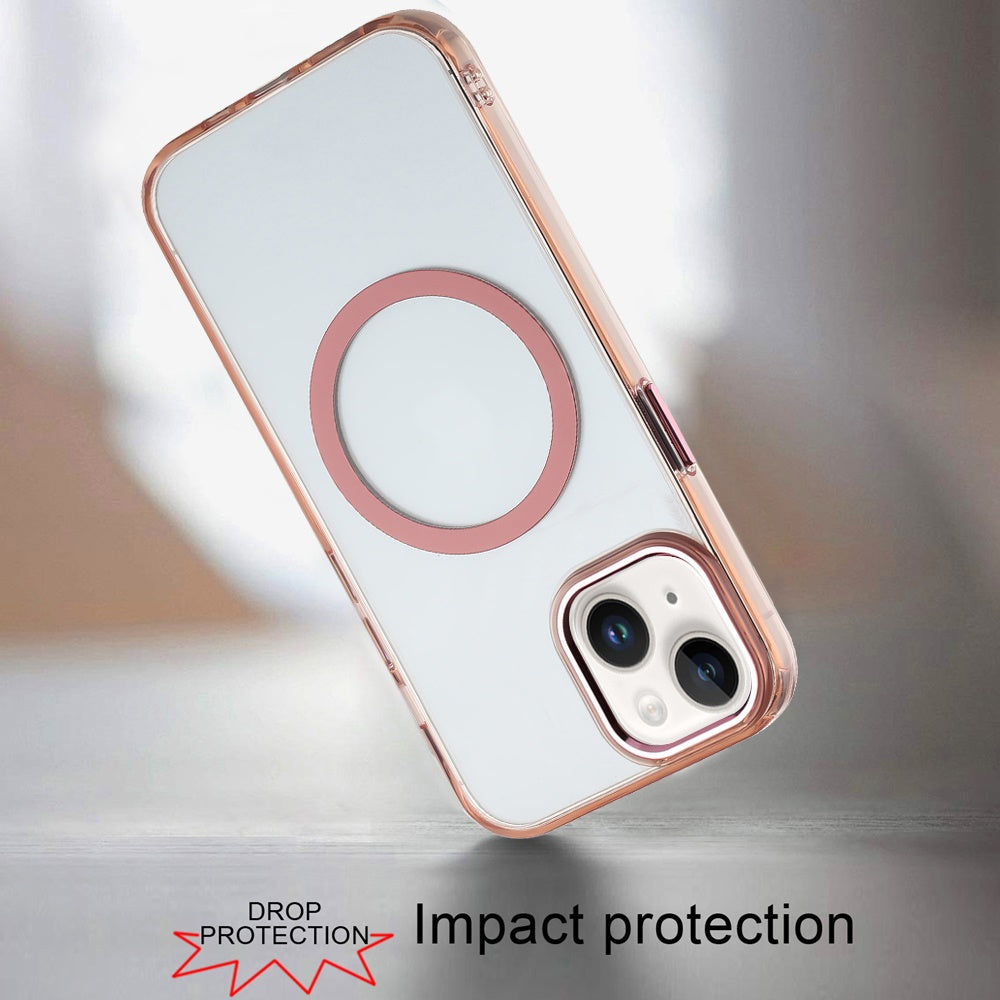 For iPhone 15 (6.1") Transparent Back Hybrid Case - Magnetic Circle, Color Frame, Metal Buttons, MagSafe Compatible Case Cover