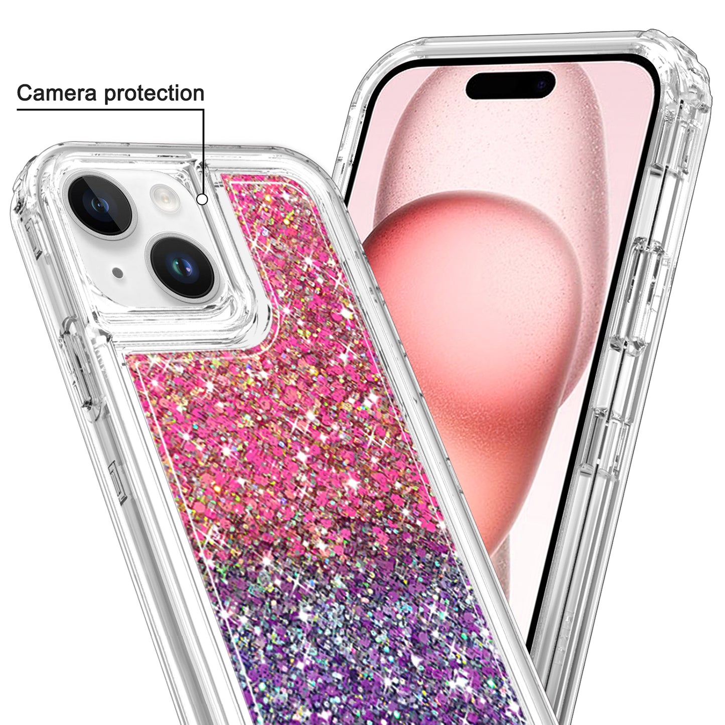 For Samsung Galaxy A26 Epoxy Bling Glitter Sparkly 3-in-1 Transparent Hybrid Full-Body Shockproof PC Bumper Case Cover Hot Pink + Purple
