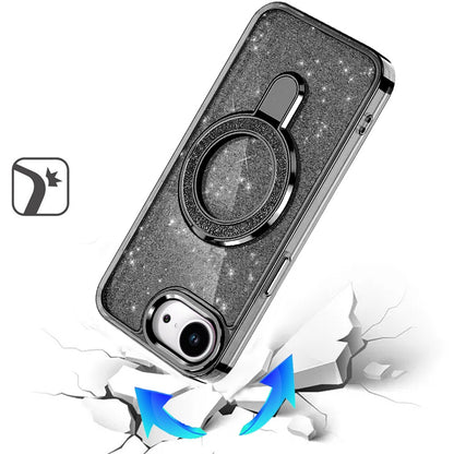 For Apple iPhone 16e Transparent Glitter Bling Case with Rotating Magnetic Ring Stand, Shockproof Hybrid Case Cover