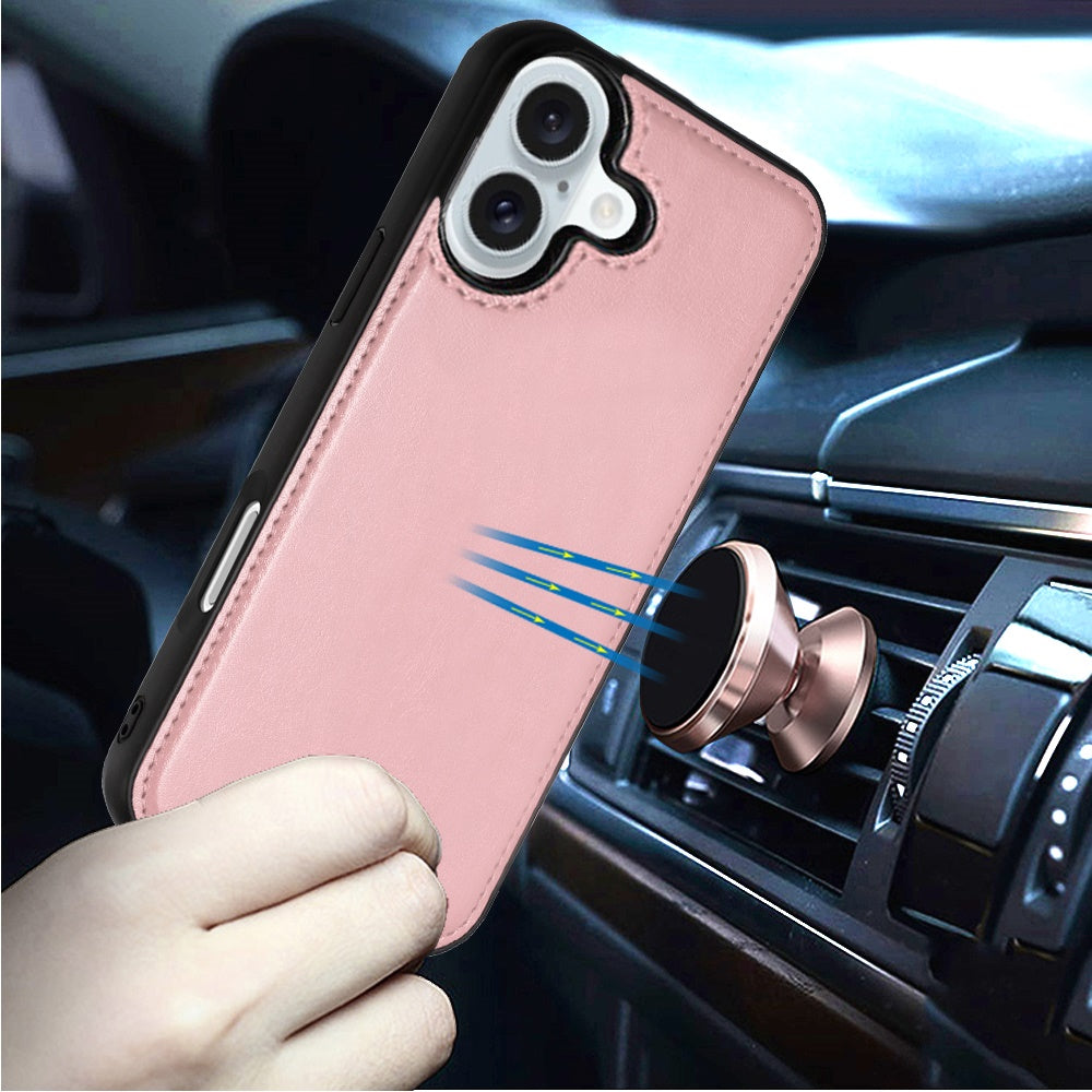 For Apple iPhone 16 Plus (6.7") Deattachable PU Leather Hybrid Wallet Money Credit Card Holder Support Magsafe Charger Case Cover Rose Gold