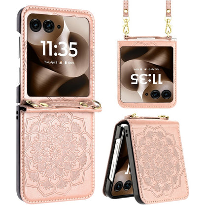 For For Samsung Galaxy Z Flip 7 FE Embossed Floral PU Leather Henna Mandala Design Flip Cover with Strap, Hybrid Protective Case Cover Rose Gold
