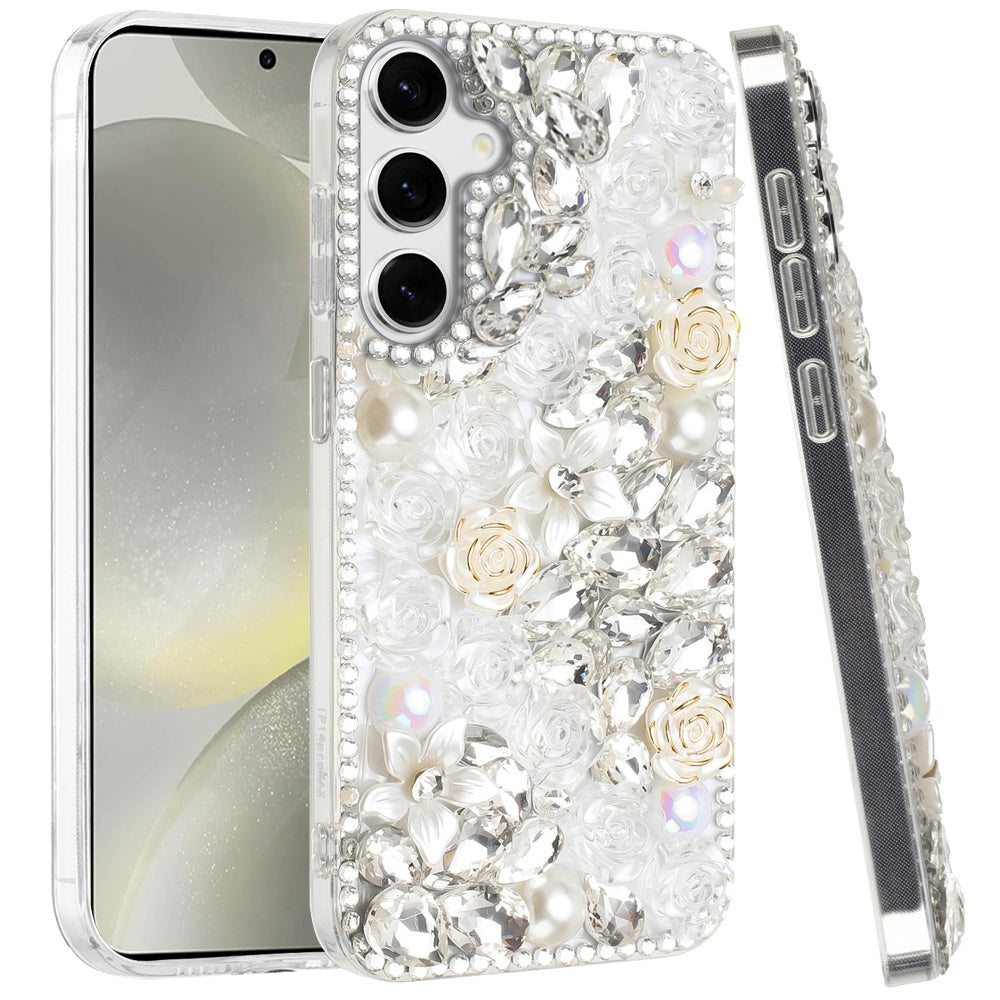 For Samsung Galaxy S26 Fashion Rose Flower Floral, 3D Bling Crystal Full Diamonds Pearl Sparkle Rhinestone Glitter Hybrid Case Cover