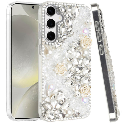 For Samsung Galaxy S26+ / S26 Plus Fashion Rose Flower Floral, 3D Bling Crystal Full Diamonds Pearl Sparkle Rhinestone Glitter Hybrid Case Cover