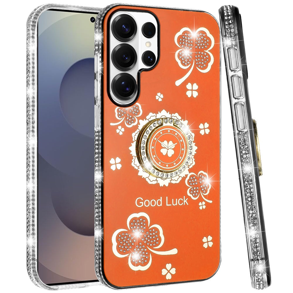 For Samsung Galaxy S26 Ultra Diamonds Bling All Around Edges Sparkly Glitter Hybrid with Ring Stand Holder Fashion Good Luck Case Cover