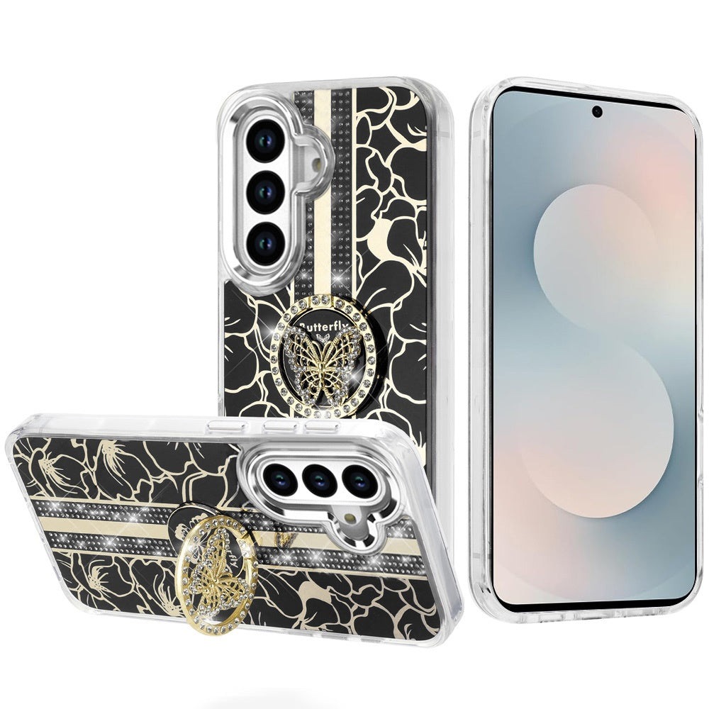 For Samsung Galaxy S26+ / S26 Plus Diamonds 3D Butterfly Floral Design Bling Sparkly Glitter Hybrid Metal Fashion with Ring Stand Case Cover