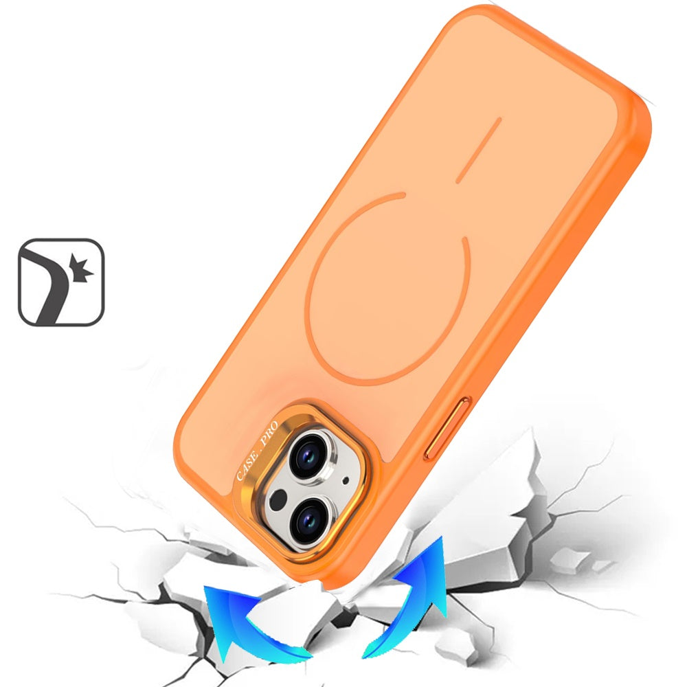 Phone Case for iPhone 15 (6.1") Premium Matte Magnetic Camera Stand Hybrid Shockproof Rugged Protective Anti Scratch Durable Grip Metal Buttons Cover Cosmic Orange