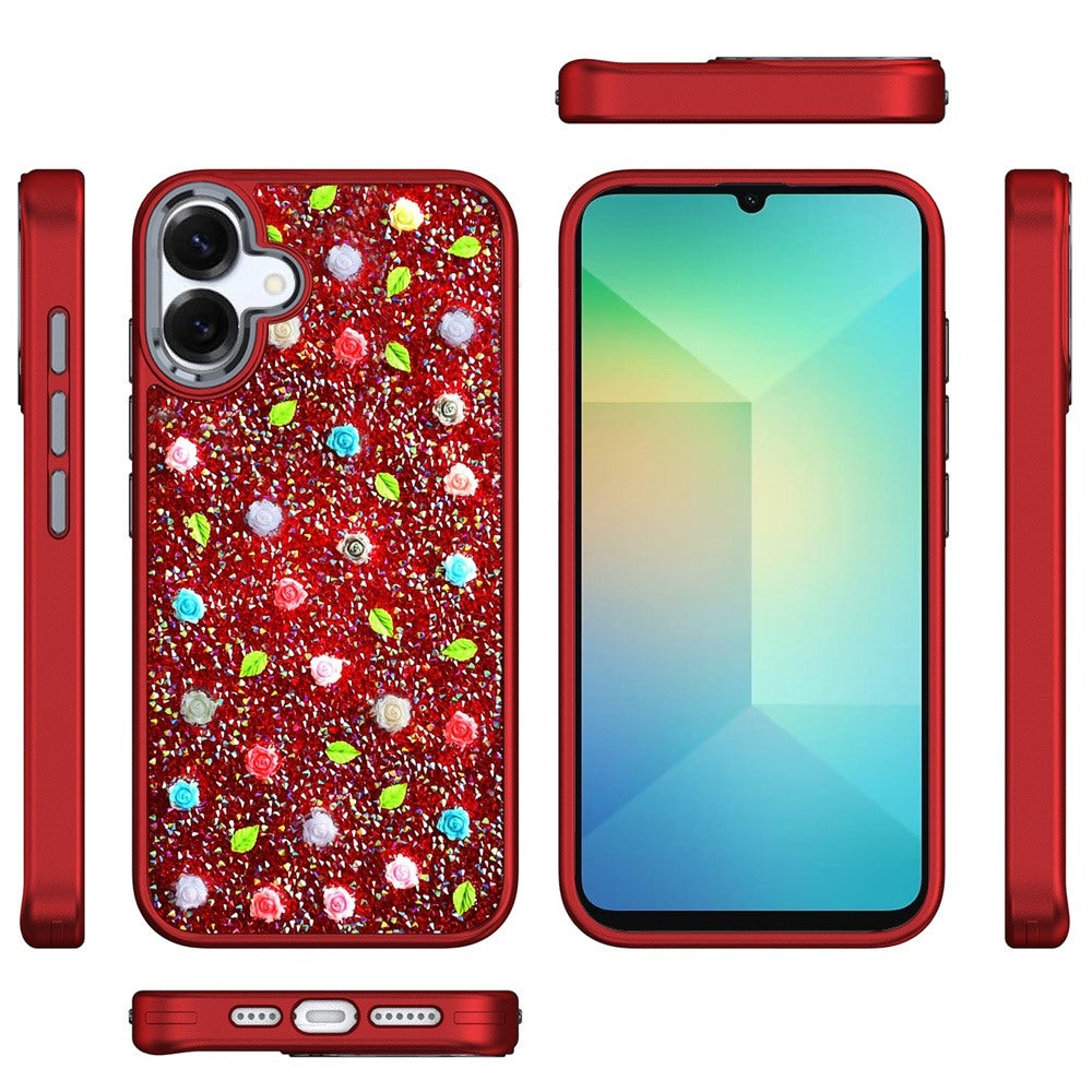 For Apple iPhone 16 (6.1") Floral Design Embedded Glass Diamond Fancy Fashion Glitter Bling Sparkly Hybrid Rugged TPU Bumper Case Cover