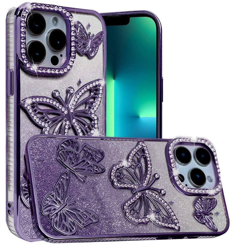 For Apple iPhone 13 Pro Luxury Butterfly Sparkle Glitter Diamond Crystal Rhinestone Shimmer Bling Plating Thick TPU Hard PC Case Cover