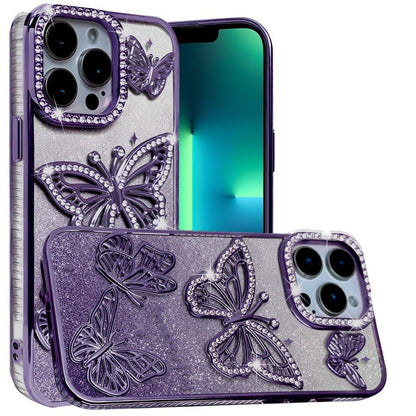 For Apple iPhone 13 Pro Luxury Butterfly Sparkle Glitter Diamond Crystal Rhinestone Shimmer Bling Plating Thick TPU Hard PC Case Cover