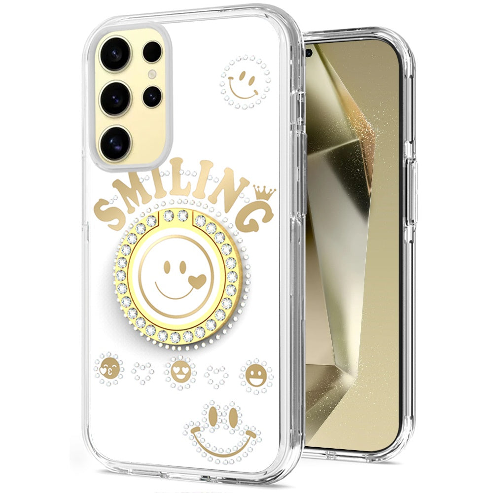 For Apple iPhone 16 Pro Max (6.9") Smiling Glitter Ornament Bling Sparkle with Ring Stand Hybrid Slim TPU + Hard Back Shell Case Cover