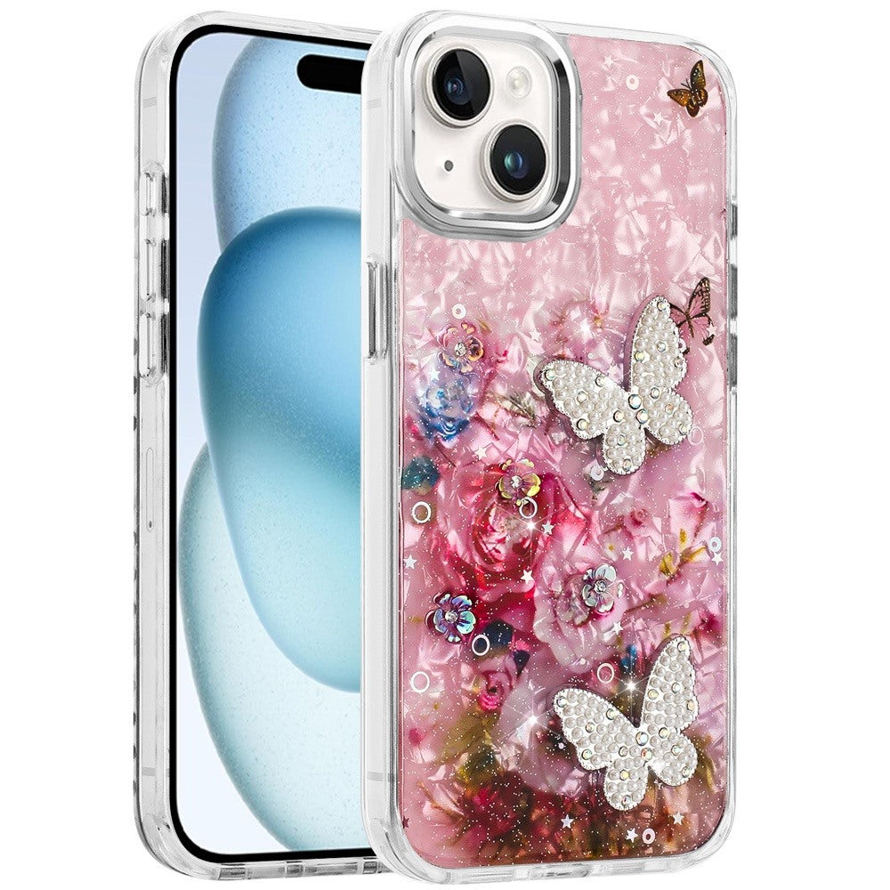 For Apple iPhone 12 /12 Pro Epoxy Glitter Flowers Bling 3D Butterfly Fashion TPU Hybrid with Shockproof Protection Case Cover