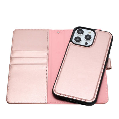 For Apple iPhone 16 (6.1") Deattachable PU Leather Hybrid Wallet Money Credit Card Holder Support Magsafe Charger Case Cover Rose Gold
