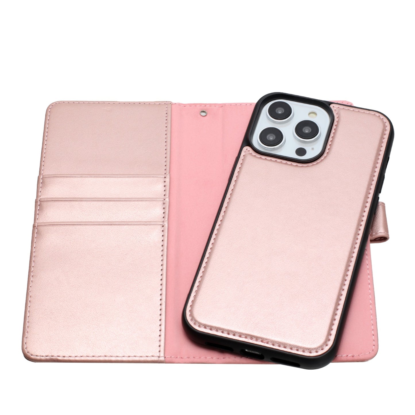For Apple iPhone 16 Pro Max (6.9") Deattachable PU Leather Hybrid Wallet Money Credit Card Holder Support Magsafe Charger Case Cover Rose Gold
