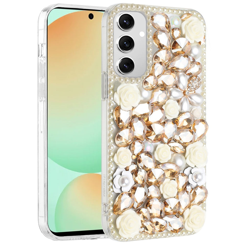 For Samsung Galaxy S24 Fan Edition /Galaxy S24 FE Fashion Rose Flower Floral Bling Crystal 3D Full Diamonds Pearl Sparkle Rhinestone Glitter Hybrid Case Cover Yellow