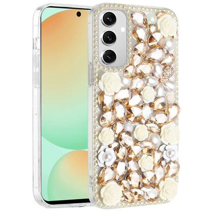 For Samsung Galaxy S24 Fan Edition /Galaxy S24 FE Fashion Rose Flower Floral Bling Crystal 3D Full Diamonds Pearl Sparkle Rhinestone Glitter Hybrid Case Cover Yellow