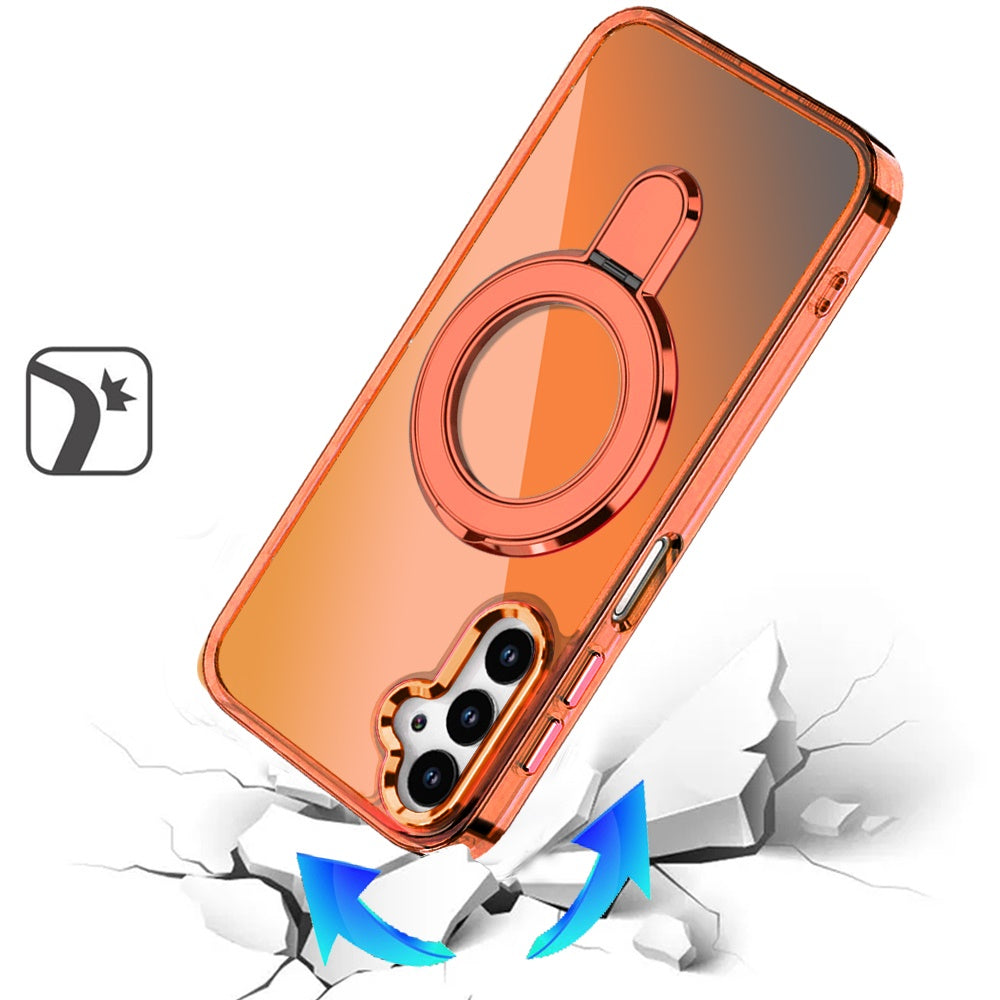 For Samsung Galaxy A16 5G Chrome Hybrid with Rotating Magnetic Circle Ring Stand, Slim Shockproof Hybrid Case Cover Cosmic Orange