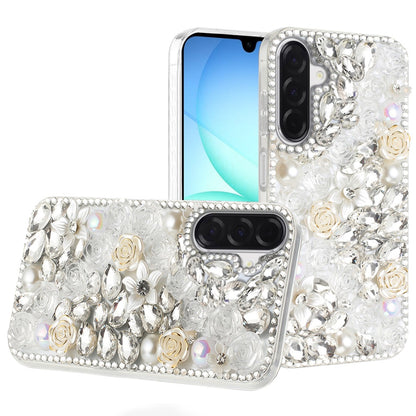 For Samsung Galaxy S25 Fan Edition /Galaxy S25 FE Fashion Rose Flower Floral Bling Crystal 3D Full Diamonds Pearl Sparkle Rhinestone Glitter Hybrid Case Cover