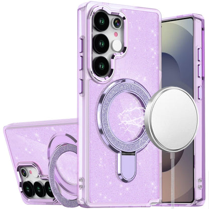Phone Case for Samsung Galaxy S25 Ultra Colofull Transparent Glitter Magnetic Ring Stand Shockproof Rotating Grip Protective Hybrid Durable Cover Light Purple