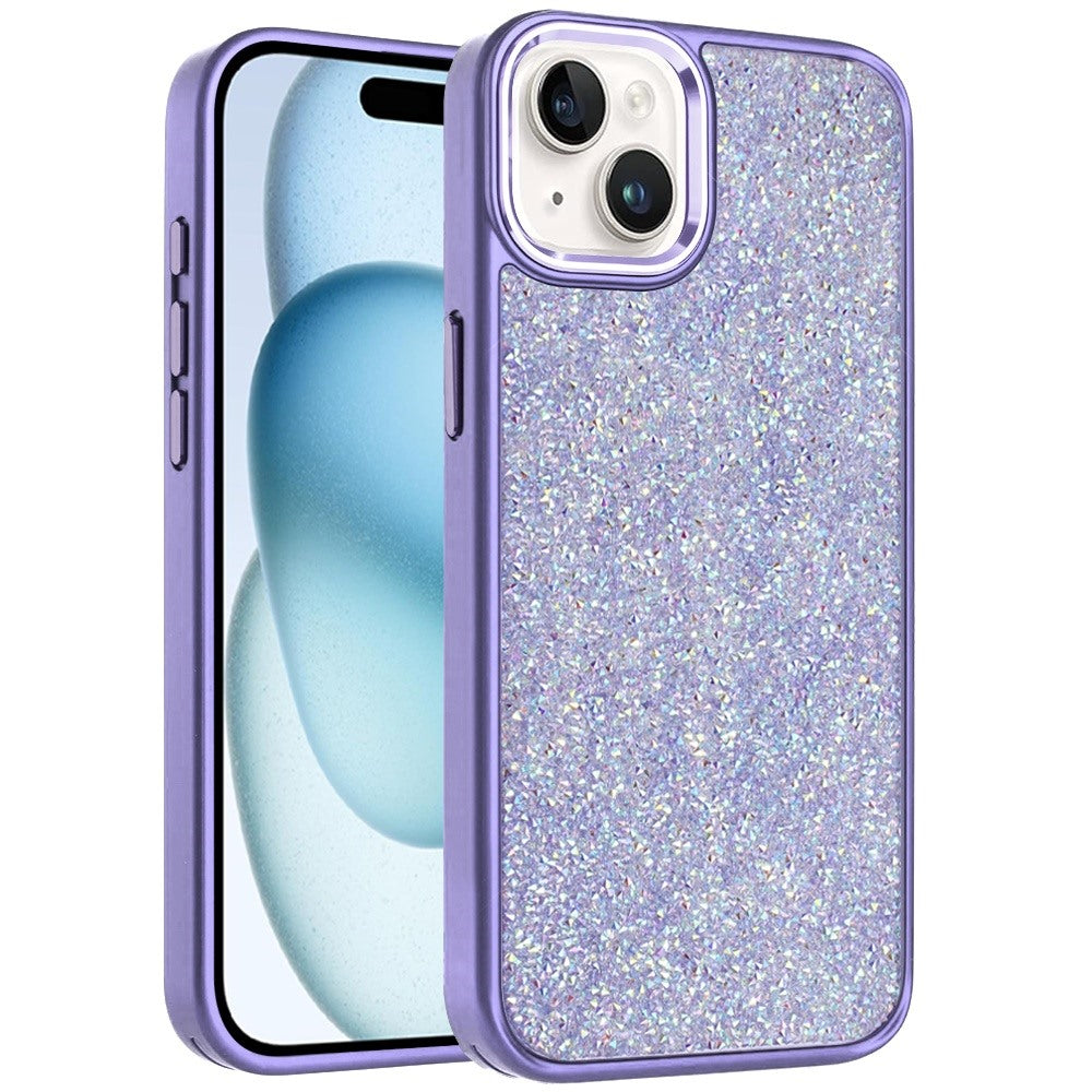 For iPhone 15 (6.1") Crystal Sparkle Diamond Glass Full Mini Glitter Bling Frame TPU Hybrid Protective Case Cover