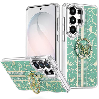 For Samsung Galaxy S26 Ultra Diamonds 3D Butterfly Floral Design Bling Sparkly Glitter Hybrid Metal Fashion with Ring Stand Case Cover