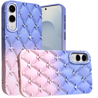 For Samsung Galaxy S25 EDGE Fashion Flower Design Sparkle Glitter Shimmer Rhinestone Bling Floral Accents, Leather Texture TPU Case Cover